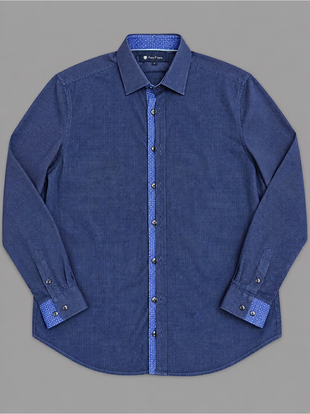 Stone Rose Navy Micro-Pattern Dress Shirt with Contrast Trim